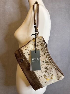 Myra Bag Hair-On Hide Leather Wristlet Clutch | Gold Foil Cowhide | NWT